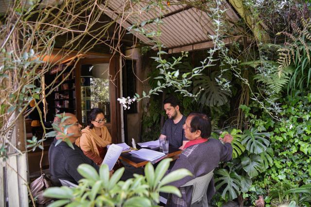 (From left) Rajendra Bhandari (poet), Sudha Rai (poet), Christian Filips (poet), Michael Chand (translator) working together in Gangtok. Their translated works were showcased as part of the Poets Translating Poets festival in Mumbai. (Goethe-Institut/Yawan Rai ) (From left) Rajendra Bhandari (poet), Sudha Rai (poet), Christian Filips (poet), Michael Chand (translator) working together in Gangtok. Their translated works were showcased as part of the Poets Translating Poets festival in Mumbai. (Goethe-Institut/Yawan Rai )