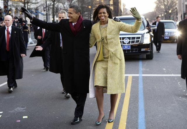Mrs. Obama in a two-piece lemongrass-hued ensemble by Cuban-American designer Isabel Toledo. (AFP) Mrs. Obama in a two-piece lemongrass-hued ensemble by Cuban-American designer Isabel Toledo. (AFP)