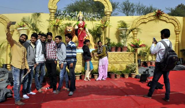 ABVP members clicking selfie with Bharat Mata photo on backdrop on concluding day of national conference in Indore on Tuesday. (Arun Mondhe / HT photo) ABVP members clicking selfie with Bharat Mata photo on backdrop on concluding day of national conference in Indore on Tuesday. (Arun Mondhe / HT photo)