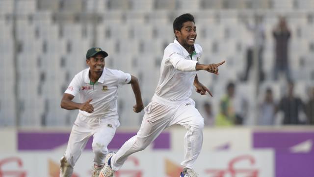 Bangladesh's Mehedi Hasan Miraz, right, and teammate Taijul Islam celebrate after their victory over England in the second cricket test match in Dhaka. (AP) Bangladesh's Mehedi Hasan Miraz, right, and teammate Taijul Islam celebrate after their victory over England in the second cricket test match in Dhaka. (AP)