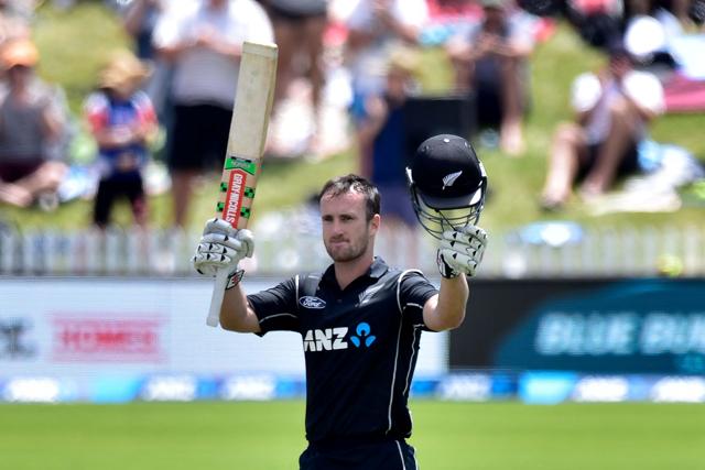 New Zealand's Neil Broom celebrates 100 runs during the second one-day international vs Bangladesh at the Saxton Oval in Nelson on Thursday (AFP) New Zealand's Neil Broom celebrates 100 runs during the second one-day international vs Bangladesh at the Saxton Oval in Nelson on Thursday (AFP)