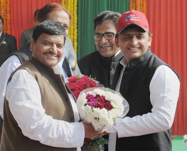 Uttar Pradesh Chief Minister Akhilesh Yadav with Samajwadi Party leaders Shivpal Yadav, Azam Khan and Ramgopal Yadav at a function in Unnao for the opening of Agra-Lucknow expressway on November 11. (PTI) Uttar Pradesh Chief Minister Akhilesh Yadav with Samajwadi Party leaders Shivpal Yadav, Azam Khan and Ramgopal Yadav at a function in Unnao for the opening of Agra-Lucknow expressway on November 11. (PTI)