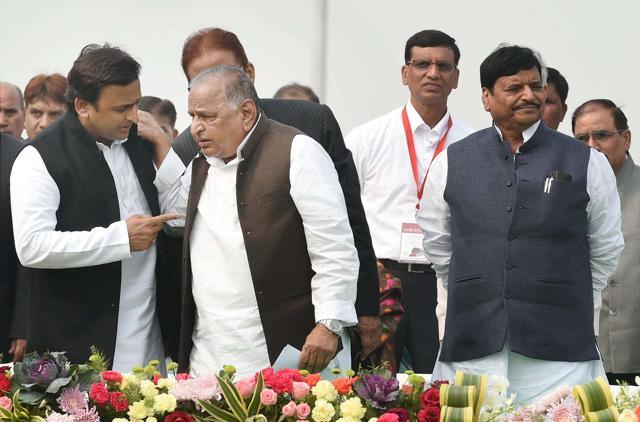 SP supremo Mulayam Singh Yadav, UP CM Akhilesh Yadav and SP's UP chief Shivpal Singh Yadav during a function to start the trial run of Lucknow Metro in Lucknow on December 1. (PTI) SP supremo Mulayam Singh Yadav, UP CM Akhilesh Yadav and SP's UP chief Shivpal Singh Yadav during a function to start the trial run of Lucknow Metro in Lucknow on December 1. (PTI)