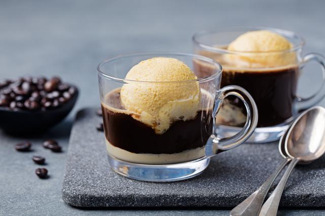 Affogato coffee with ice cream on a glass cup Grey slate background. (iStockphoto) Affogato coffee with ice cream on a glass cup Grey slate background. (iStockphoto)