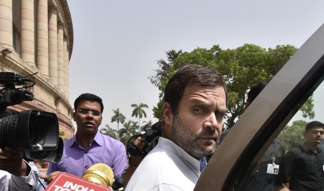 Congress Vice President Rahul Gandhi at Parliament House in New Delhi. Gandhi has been in news through 2016, whether it was his ‘khoon ki dalali’ comment or his announcement that his revelations against Modi would cause an “earthquake” if made public. (Arvind Yadav/HT Photo)