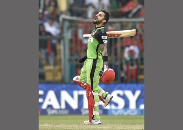 Royal Challengers Bangalore player Virat Kohli celebrates his innings during an IPL league match against Gujarat Lions at Chinnaswamy Stadium in Bangalore. (vipin Kumar/HT Photo)