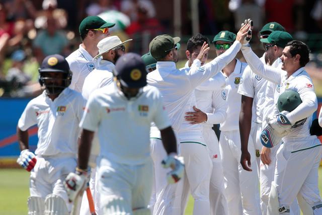 South African players celebrate the dismissal of Sri Lanka batsman Kusal Perera (front) during the fourth day of the first Test in Port Elizabeth. (AFP) South African players celebrate the dismissal of Sri Lanka batsman Kusal Perera (front) during the fourth day of the first Test in Port Elizabeth. (AFP)