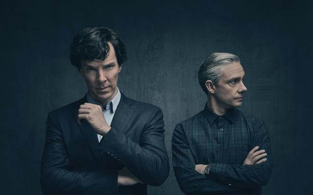 Benedict Cumberbatch and Martin Freeman star in Sherlock. Benedict Cumberbatch and Martin Freeman star in Sherlock.