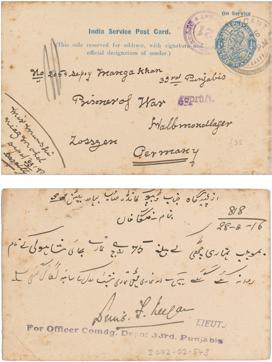 A postcard reads: From Eidhag, For Mr Deputy Commander Lord Baton, FAO Manga Khan, your due letter along with Rs 75 have been sent to your brother Shah Wali and your letter is being attached with your schedule. (National Army Museum and British Muslim Heritage) A postcard reads: From Eidhag, For Mr Deputy Commander Lord Baton, FAO Manga Khan, your due letter along with Rs 75 have been sent to your brother Shah Wali and your letter is being attached with your schedule. (National Army Museum and British Muslim Heritage)