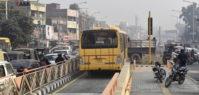 BRTS project has been started with just four buses, which are currently ferrying passengers from India Gate on the Amritsar-Attari bypass road to the Amritsar railway station. (HT File Photo) BRTS project has been started with just four buses, which are currently ferrying passengers from India Gate on the Amritsar-Attari bypass road to the Amritsar railway station. (HT File Photo)