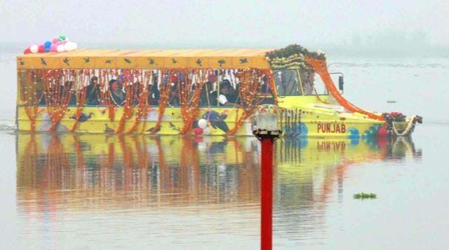Amphibious bus on Harike Pattan in district Tarn Taran. (HT File Photo) Amphibious bus on Harike Pattan in district Tarn Taran. (HT File Photo)