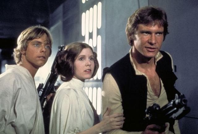 Mark Hamill, Carrie Fisher and Harrison Ford in Star Wars: A New Hope. (AP)