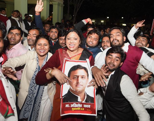 Supporters celebrate appointment of UP chief minister Akhilesh Yadav as national president of Samajwadi Party at the office in Lucknow. (PTI Photo) Supporters celebrate appointment of UP chief minister Akhilesh Yadav as national president of Samajwadi Party at the office in Lucknow. (PTI Photo)