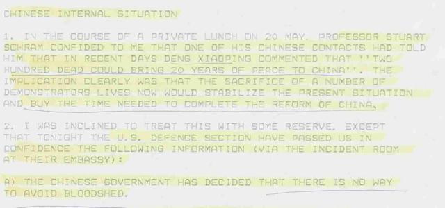 Screen grab of the cable sent by Alan Donald, then British envoy to Beijing, anticipating a crackdown on protesters at Beijing’s Tiananmen Square. (Margaret Thatcher Foundation)