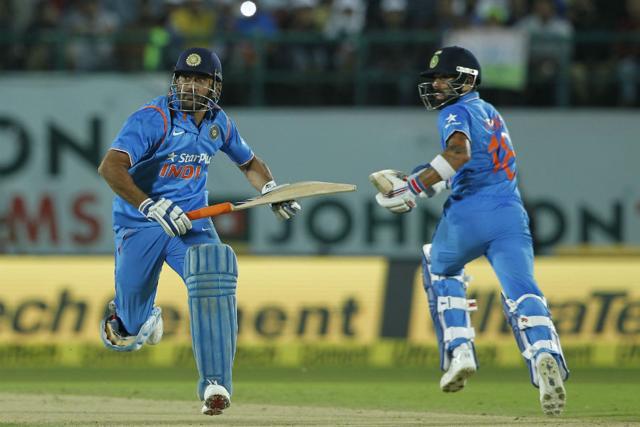 Virat Kohli and MS Dhoni en route their 60-run stand, India v New Zealand, 1st ODI, Dharamsala, October 16, 2016 (BCCI) Virat Kohli and MS Dhoni en route their 60-run stand, India v New Zealand, 1st ODI, Dharamsala, October 16, 2016 (BCCI)