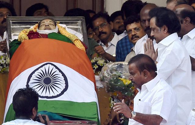 DMK leader MK Stalin paying his last respects to AIADMK chief J Jayalalithaa, Rajaji Hall, Chennai, December 6 (PTI) DMK leader MK Stalin paying his last respects to AIADMK chief J Jayalalithaa, Rajaji Hall, Chennai, December 6 (PTI)