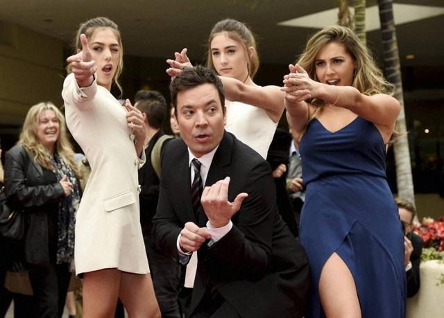 Beverly Hills: Jimmy Fallon, host of the 74th Annual Golden Globe Awards, poses with Miss Golden Globes 2017, from left, sisters Sistine, Scarlet and Sophia Stallone after rolling out the red carpet during Golden Globe Awards Preview Day at the Beverly Hilton on Wednesday. (AP) Beverly Hills: Jimmy Fallon, host of the 74th Annual Golden Globe Awards, poses with Miss Golden Globes 2017, from left, sisters Sistine, Scarlet and Sophia Stallone after rolling out the red carpet during Golden Globe Awards Preview Day at the Beverly Hilton on Wednesday. (AP)
