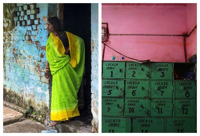 A woman stands outside her house in Dehradun, the brilliant yellow-green of her sari set against the blue wall. Myers’s colours are restrained – square green lockers sit beneath a pink wall. ( (L) Dinesh Khanna; Kathryn Myers)