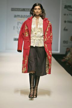 Crimson makes a stunning appearance with gold detailing in Hemant and Nandita’s jackets