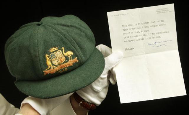 Tthe 1948 'Baggy Green' cap worn by Australian cricketing legend Don Bradman in his last Test match. (AFP/Getty Images) Tthe 1948 'Baggy Green' cap worn by Australian cricketing legend Don Bradman in his last Test match. (AFP/Getty Images)