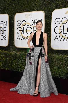 Jessica Biel in a thigh-high slit gown at the 74th annual Golden Globe Awards (Valerie Macon/AFP Photo) Jessica Biel in a thigh-high slit gown at the 74th annual Golden Globe Awards (Valerie Macon/AFP Photo)