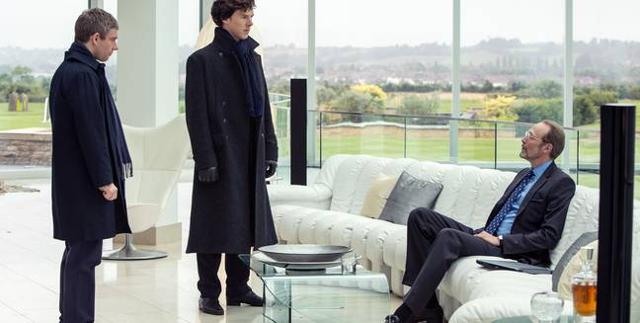 Watson, Sherlock and Magnussen in the last episode of season 3. (BBC) Watson, Sherlock and Magnussen in the last episode of season 3. (BBC)
