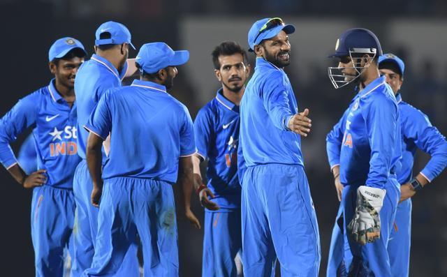 India A player Shikhar Dhawan (3R) celebrates with teammates after taking the catch to dismiss England XI captain Eoin Morgan during the first warm-up one day cricket match between India A and England XI. (AFP) India A player Shikhar Dhawan (3R) celebrates with teammates after taking the catch to dismiss England XI captain Eoin Morgan during the first warm-up one day cricket match between India A and England XI. (AFP)