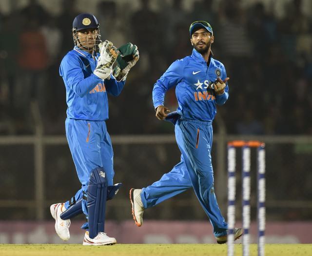 India A captain Mahendra Singh Dhoni (L) celebrates after the dismissal of England XI batsman Jason Roy during the first warm-up one day cricket match between India A and England XI at the Cricket Club of India (CCI) stadium in Mumbai. (AFP) India A captain Mahendra Singh Dhoni (L) celebrates after the dismissal of England XI batsman Jason Roy during the first warm-up one day cricket match between India A and England XI at the Cricket Club of India (CCI) stadium in Mumbai. (AFP)