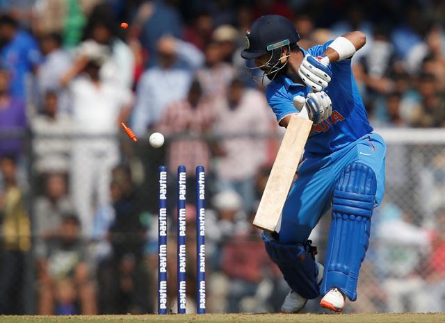 India A's Mandeep Singh reacts as he is bowled by England XI's David Willey. (REUTERS) India A's Mandeep Singh reacts as he is bowled by England XI's David Willey. (REUTERS)