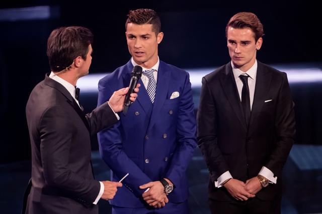 Cristiano Ronaldo and Antoine Griezmann were present for the events as Lionel Messi could not attend. (Getty Images) Cristiano Ronaldo and Antoine Griezmann were present for the events as Lionel Messi could not attend. (Getty Images)