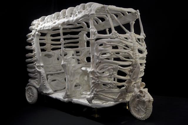 The life-size resin, paint, steel and brass skeletal vehicle Autosaurus Tripous (2007) was inspired by images of vehicles burnt during riots.