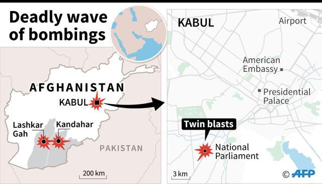 Maps of Afghanistan and Kabul locating Tuesday's Taliban bombings in the capital, in Lashkar Gah and in Kandahar. (AFP) Maps of Afghanistan and Kabul locating Tuesday's Taliban bombings in the capital, in Lashkar Gah and in Kandahar. (AFP)