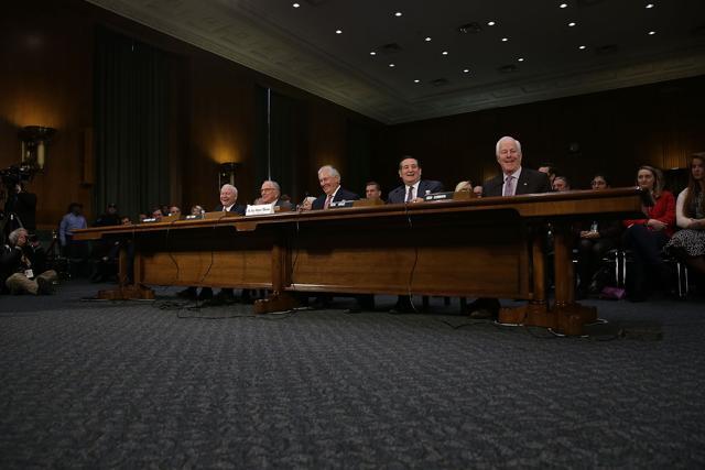 (Left-right) Former US defence secretary Robert Gates, former Senator Sam Nunn, Senator Ted Cruz and Senate Majority Whip John Cornyn testify for former ExxonMobil CEO Rex Tillerson. (AFP Photo) (Left-right) Former US defence secretary Robert Gates, former Senator Sam Nunn, Senator Ted Cruz and Senate Majority Whip John Cornyn testify for former ExxonMobil CEO Rex Tillerson. (AFP Photo)