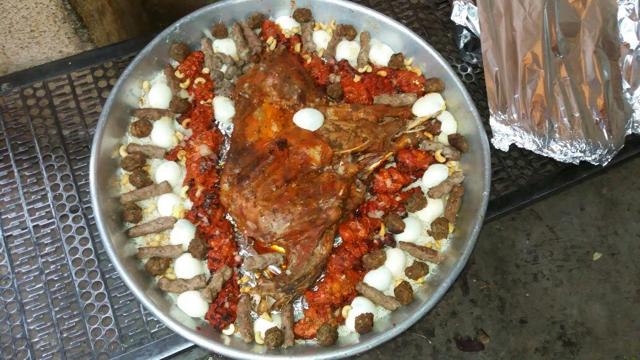The stuffed goat comes with two dozen eggs, tandoori chicken, kebabs and chicken drumsticks. The stuffed goat comes with two dozen eggs, tandoori chicken, kebabs and chicken drumsticks.