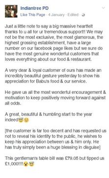 Post on Indian Tree’s Facebook page about the £1,000 tip. (Facebook)