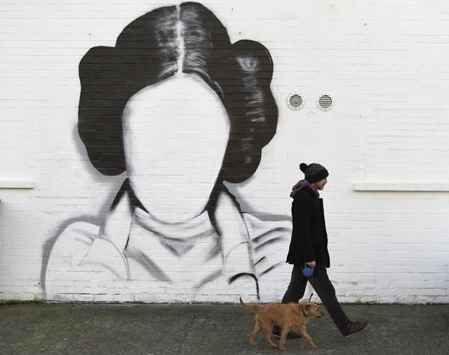 A man and his dog walk past a mural depicting Princess Leia from the film Star Wars played by Carrie Fisher in Belfast, Northern Ireland January 11, 2017. (REUTERS) A man and his dog walk past a mural depicting Princess Leia from the film Star Wars played by Carrie Fisher in Belfast, Northern Ireland January 11, 2017. (REUTERS)