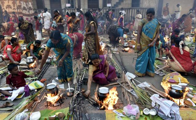 Devotees prepare a traditional sweet dish on open fires during an event marking Pongal festival at Dharavi in Mumbai. (Kunal Patil/HT Photo) Devotees prepare a traditional sweet dish on open fires during an event marking Pongal festival at Dharavi in Mumbai. (Kunal Patil/HT Photo)
