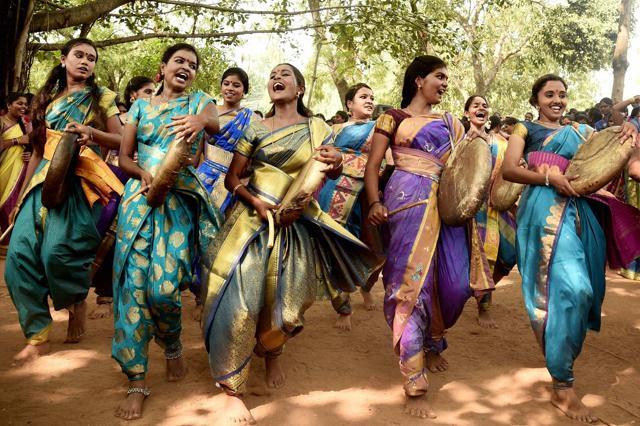 Students celebrating Pongal festival at their college in Chennai. (PTI Photo) Students celebrating Pongal festival at their college in Chennai. (PTI Photo)