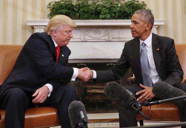 In this Nov 10, 2016 photo, President Barack Obama and President-elect Donald Trump shake hands following their meeting in the Oval Office of the White House in Washington. (AP file photo) In this Nov 10, 2016 photo, President Barack Obama and President-elect Donald Trump shake hands following their meeting in the Oval Office of the White House in Washington. (AP file photo)