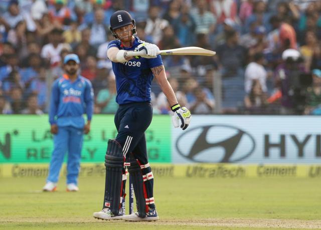 Ben Stokes blasted a fifty off 33 balls, the fastest by an England batsman in ODIs versus India as the visitors notched up 350/7 in the first ODI in Pune. (BCCI) Ben Stokes blasted a fifty off 33 balls, the fastest by an England batsman in ODIs versus India as the visitors notched up 350/7 in the first ODI in Pune. (BCCI)