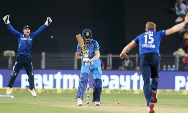 KL Rahul is clean bowled by David Willey as India made a poor start in their pursuit of 351. (BCCI) KL Rahul is clean bowled by David Willey as India made a poor start in their pursuit of 351. (BCCI)