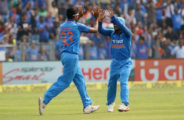 Jasprit Bumrah effected the run-out of Alex Hales as India made a good start in the first ODI in Pune versus England. (BCCI) Jasprit Bumrah effected the run-out of Alex Hales as India made a good start in the first ODI in Pune versus England. (BCCI)