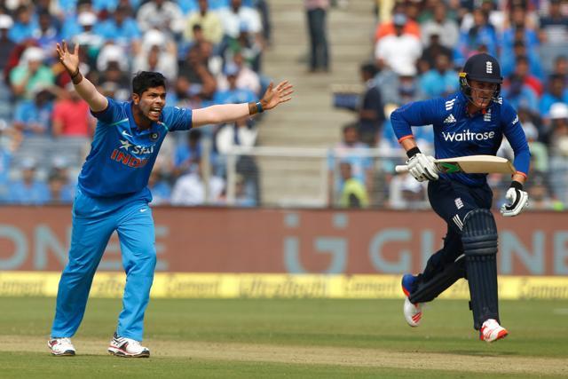 Umesh Yadav had an LBW appeal overturned by DRS against Jason Roy of England. (Photo by: Deepak Malik/ BCCI/ SPORTZPICS)