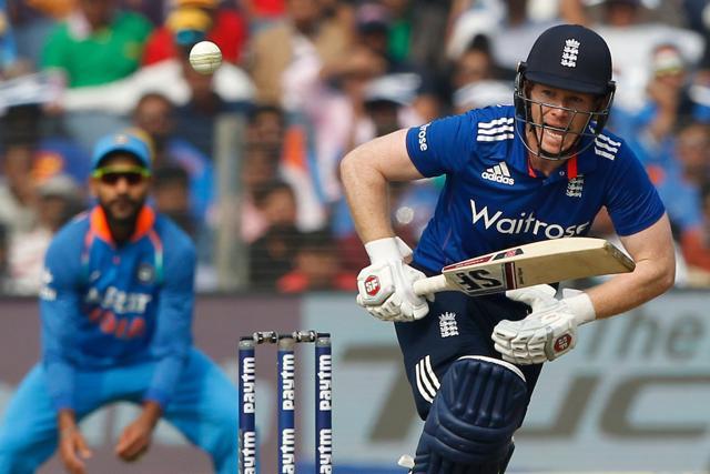 Eoin Morgan struggled at the start but developed a good partnership with Joe Root to steady England. (Photo by: Deepak Malik/ BCCI/ SPORTZPICS)