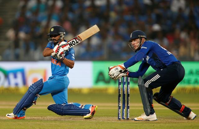Kedar Jadhav plays a shot during the Pune ODi on Sunday. (REUTERS) Kedar Jadhav plays a shot during the Pune ODi on Sunday. (REUTERS)