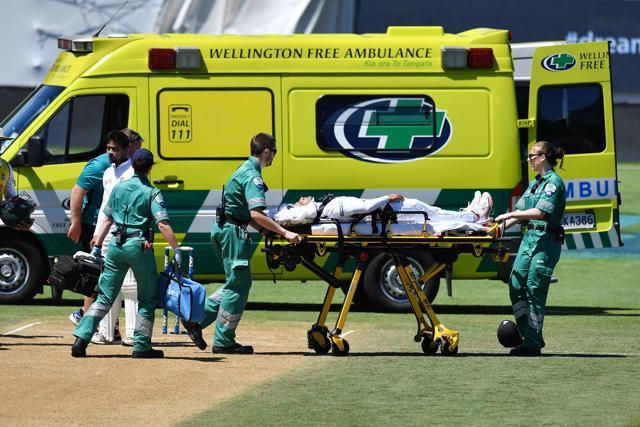 Bangladesh's Mushfiqur Rahim is carried away by ambulance staff after being hit in the head during day five of the first Test cricket against New Zealand at the Basin Reserve in Wellington on Monday (AFP) Bangladesh's Mushfiqur Rahim is carried away by ambulance staff after being hit in the head during day five of the first Test cricket against New Zealand at the Basin Reserve in Wellington on Monday (AFP)