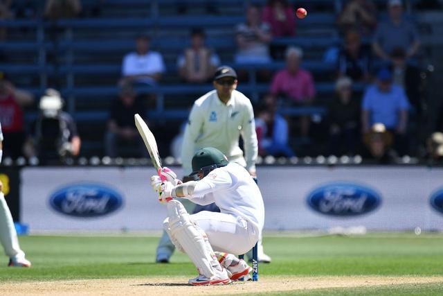 Mushfiqur Rahim ducks a bouncer during day five of the first Test between New Zealand and Bangladesh at the Basin Reserve in Wellington on Monday. (AFP) Mushfiqur Rahim ducks a bouncer during day five of the first Test between New Zealand and Bangladesh at the Basin Reserve in Wellington on Monday. (AFP)