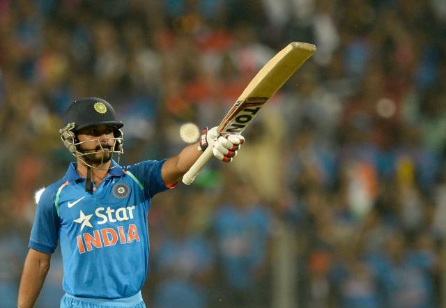 Kedar Jadhav celebrates after scoring a century during the first one-day international cricket match between India and England in Pune on January 15, 2017. (AFP) Kedar Jadhav celebrates after scoring a century during the first one-day international cricket match between India and England in Pune on January 15, 2017. (AFP)