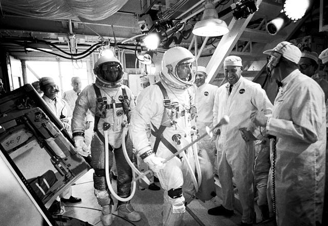 Gemini IXA astronauts Eugene Cernan (left) and Tom Stafford arrive in the white room atop Launch Pad 19 at Cape Kennedy Air Force Station in Cape Canaveral. (AP File Photo/Nasa) Gemini IXA astronauts Eugene Cernan (left) and Tom Stafford arrive in the white room atop Launch Pad 19 at Cape Kennedy Air Force Station in Cape Canaveral. (AP File Photo/Nasa)