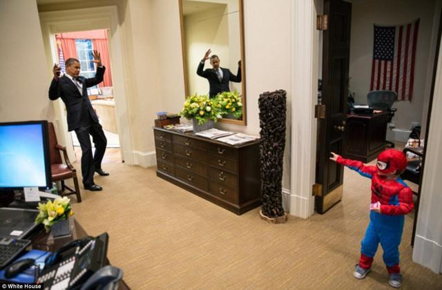 Obama ‘hit’ by the Spiderman, at the White House. (Picture courtesy: White House)